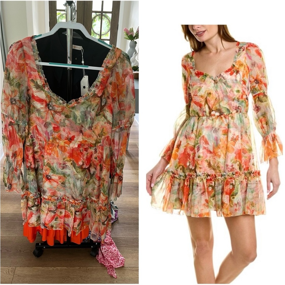 MARCHESA NOTTE Ruffled floral-print chiffon mini dress size 10